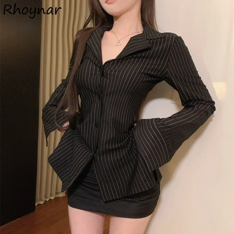 여성용 스트라이프 턴다운 칼라 셔츠, 섹시한 숙녀용 슬림핏 상의, 긴팔 레트로 패션, 올매치 한국 스타일 인기, 가을
