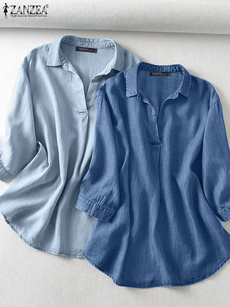 ZANZEA 캐주얼 여성 청바지 블라우스 우아한 3/4 슬리브 하프 버튼 칼라 셔츠 여름 데님 룩 Blusas de Mujer Day Wear