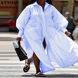 플러스 사이즈 VONDA 보헤미안 맥시 원피스 여성용 선드레스, 긴팔 라펠 롱 프린트 셔츠, 로브 스플릿 캐주얼, 2024 가을