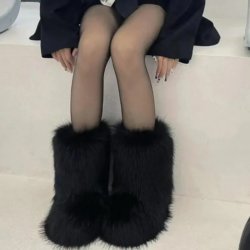 겨울 신발 여성 겨울 푹신한 가짜 여우 모피 부츠 여성 플러시 따뜻한 눈 부츠 럭셔리 신발 소녀 모피 모피 Bottes 패션