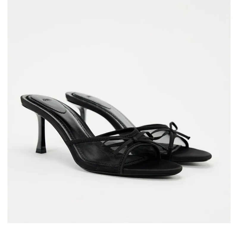 여성 힐 샌들 패션 힐 슬리퍼 레이스 메쉬 보우 럭셔리 샌들 Zapatos De Mujer