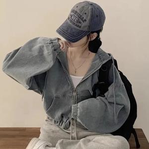 세련된 빈티지 지퍼 캐주얼 느슨한 긴 소매 후드 짧은 청바지 자켓 여성용 통근 스타일 가을 패션 겉옷