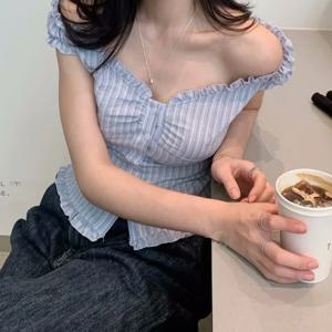 한국 스타일 순수한 욕망 부드러운 스트라이프 귀걸이 레이스 트림 슬림핏 셔츠 출퇴근 얇은 면 반팔 싱글 버튼 셔츠