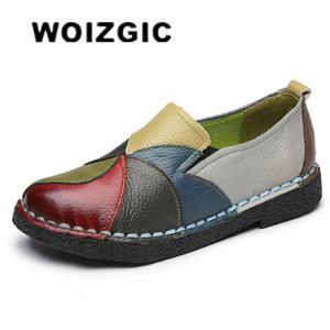 WOIZGIC 여성용 여성용 여성용 어머니 신발 플랫 정품 가죽 로퍼 모카신 혼합 다채로운 미끄럼 방지 플러스 사이즈 42