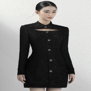 재단사 가게 작은 검은 드레스 여성 가벼운 럭셔리 드레스 세미 정장 드레스 공주 드레스 검은 열쇠 구멍 트위드 드레스