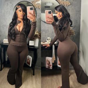 가을 여성 스포츠 라운지웨어 섹시 타이트 긴팔 플레어 팬츠 투피스 세트 액티브 짐 2피스 매칭 세트 트레이닝복