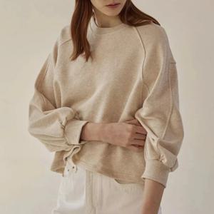 여성 루즈한 짧은 랜턴 소매, 순면 맨투맨, 프렌치 캐주얼 풀오버 상의, 가을, 겨울, 100%