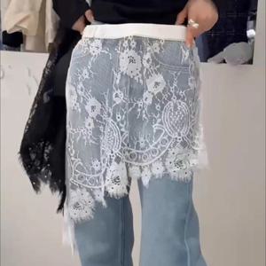 새로운 수 놓은 레이스 스커트 Y2K streetwear 속이 빈 스커트 하라주쿠 레이스 업 디자인 레이어링 스커트 청바지 장식