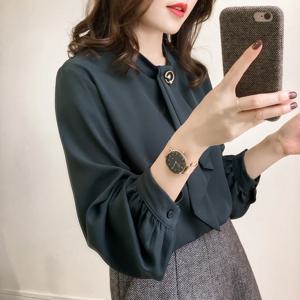 2025 가을 신상 여성 한국 스타일 단색 캐주얼 트렌디 롱 랜턴 슬리브 우아한 셔츠 여성 의류 탑