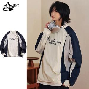 일본 복고풍 긴팔 스웨트 남성 여성 Preppy 패널 오버 사이즈 Crewneck 점퍼 가을 캐주얼 커플 다목적상의