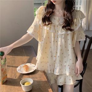 여름 새로운 여성 공주 스타일 달콤한 잠옷 Homewear 세트 여자 레이스 작은 꽃 여름 반팔 반바지 느슨한 잠옷