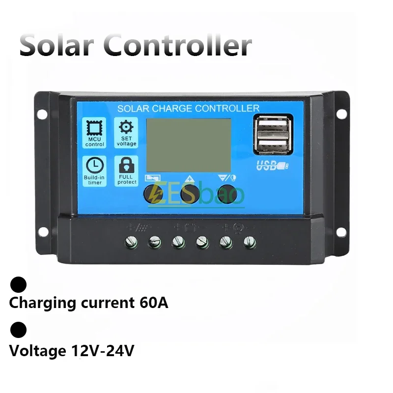 솔라 충전 컨트롤러 60A 12V/24V 전압 조정기 PWM 솔라 충전기 LCD 디스플레이 듀얼 USB가있는 솔라 패널 광전지 홈