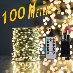 요정 스트링 조명, 크리스마스 화환 야외 장식 조명, 원격 방수, 트리 스트리트 웨딩 파티, 1000 LED, 500LED