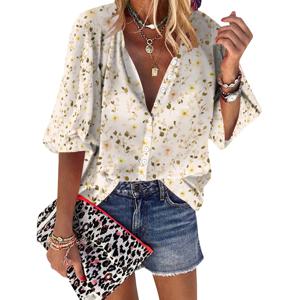 Womens Summer Ditsy 플로랄 패턴 블라우스 캐주얼 반소매 V 넥 셔츠 루즈 프린트 커프 슬리브 플라워 튜닉 탑