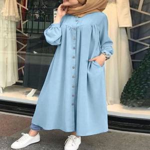 S-5XL 무슬림 원피스 여성 히잡 셔츠, 긴 소매 맥시 베스티도스, 여성 단추 로브, femme musulman, 하이 웨이스트 솔리드 선드레스