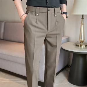 남성 정장 바지 2025 가을 신상 브리티시 스타일 밴딩 허리 솔리드 캐주얼 포멀 드레스 팬츠 슬림핏 트라우저 남성 의류
