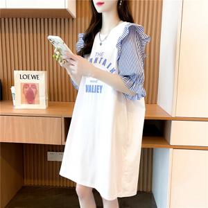 여성용 중간 길이 스플라이싱 스트라이프 원피스 프릴 슬리브 티셔츠, 레이지 윈드 반팔 드레스, 출산 의류, 용수철 및 여름