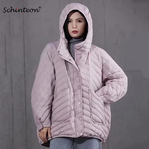 Schinteon 여성 90% 화이트 오리 다운 재킷 오버 사이즈 루즈 캐주얼 가을 겨울 아웃웨어 빅 포켓 코트 후드 2024 신규