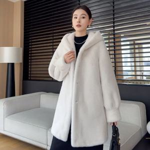 여성용 후드 램퍼 코트, 중간 길이, 두껍고 따뜻한 밍크 벨벳 재킷, 루즈 퍼, 원 오버코트, T831, 2025 겨울 신상 패션