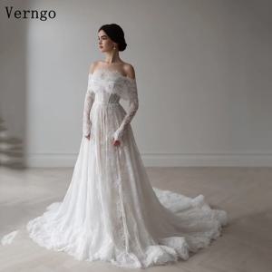 Verngo lvory 레이스 웨딩 드레스, 오프숄더, 긴팔 신부 가운, 여성 스윕 트레인 신부 드레스, 맞춤형