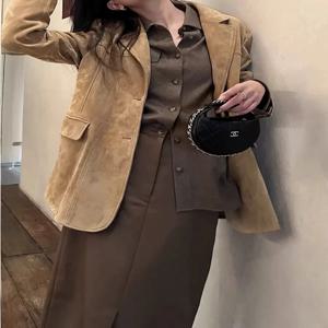 2025 가을 겨울 레트로 키즈 스웨이드 가죽 수트 코트 여성 정품 소가죽 스웨이드 재킷 빈티지 커피 오버사이즈 재킷 아우터