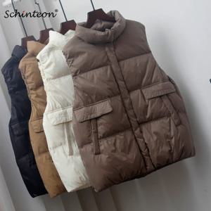 Schinteon 여성용 초경량 화이트 덕다운 조끼, 민소매 재킷, 질렛 스탠드 칼라, 한국 스타일 패션, 2024 가을
