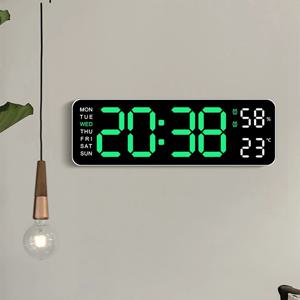 달력, 온도 및 습도가 포함된 디지털 LED 알람 시계. 아크릴 또는 거울 표면 선택 가능. 탁상시계 또는 벽걸이
