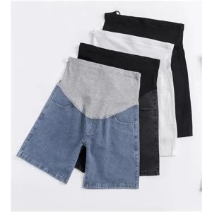 하이 웨이스트 사이드 스트라이프 패치워크 코튼 바지, 조절식 허리 짧은 청바지, 임산부 데님 반바지, 한국 스타일