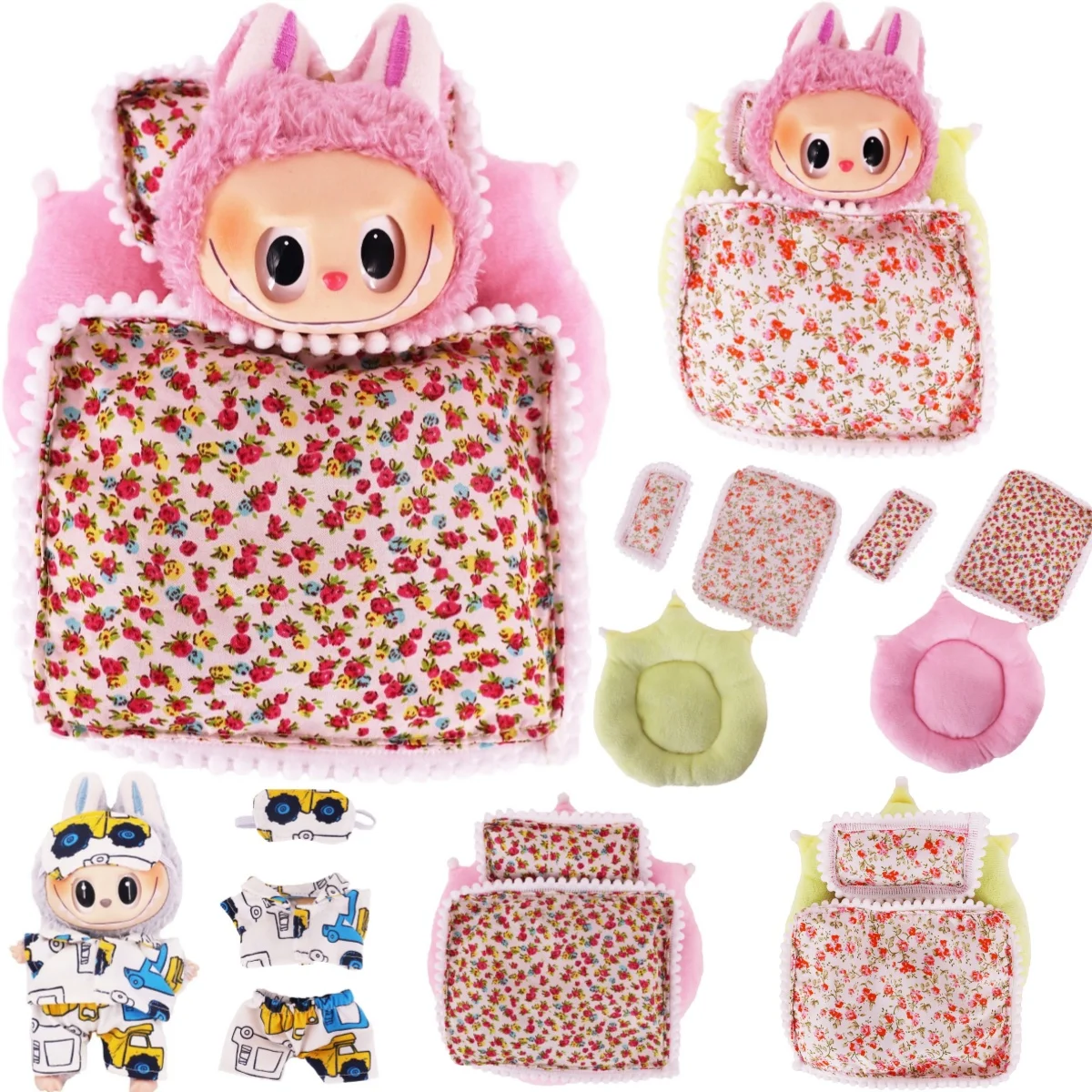 Labubu 15-17cm 미니 인형 침대 이불 베개 3 개/대 액세서리 세트 플러시 코튼 인형 잠옷 잠옷 슬리핑 백 인형 집