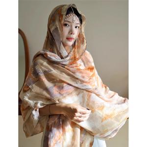 골드 엠보싱 코튼 린넨 스카프 플로럴 프린트 여행 사진 촬영 야외 여름 랩 숄 다기능 에스닉 스타일