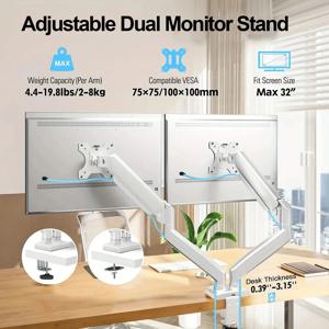 듀얼 모니터 최대 32인치 및 화면당 19.8lbs 기계식 암 데스크 마운트 VESA 100x100mm 높이 조절 가능 모니터 스탠드