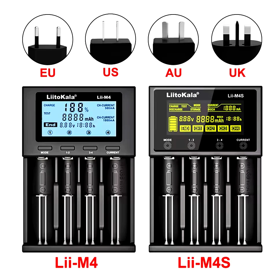 LiitoKala Lii-M4 Lii-M4S 5V EU AU UK US 플러그 배터리 충전기 (3.7V 18650 26650 21700 14500 18350 17500 1.2V AA AAA A C 호환)