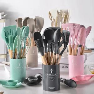 12Pcs 실리콘 조리기구 세트 나무 손잡이 주방 요리 도구 비 스틱 조리기구 주걱 삽 계란 주방 용품 비터
