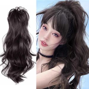 합성 가발 40cm 공주 소녀 푹신한 물결 모양의 높은 포니 테일 클립 온 가발 폭포 곱슬 반 묶인 원피스 여성 헤어 익스텐션