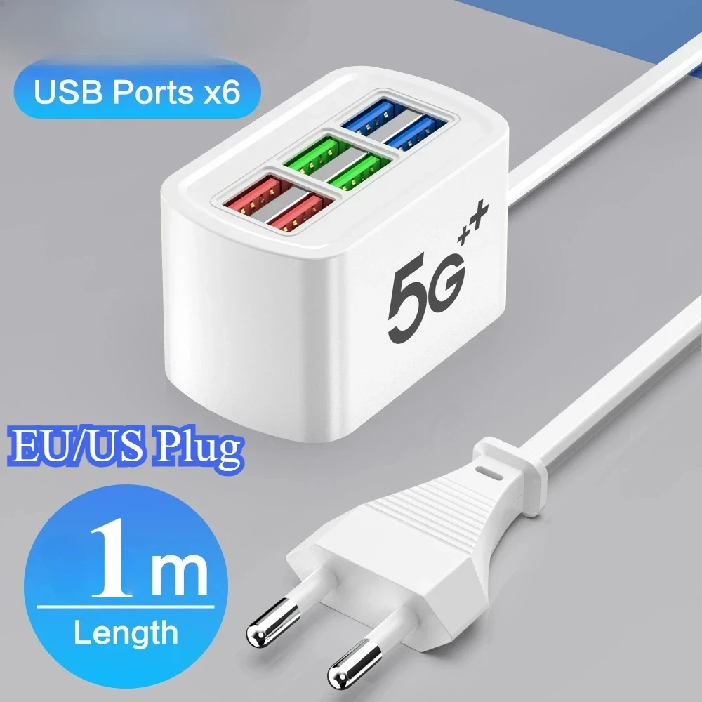 USB 전화 충전기 전원 스트립 멀티 6 포트 범용 어댑터 빠른 빠른 충전 헤드 소켓 벽 충전기 소켓 허브 분배기