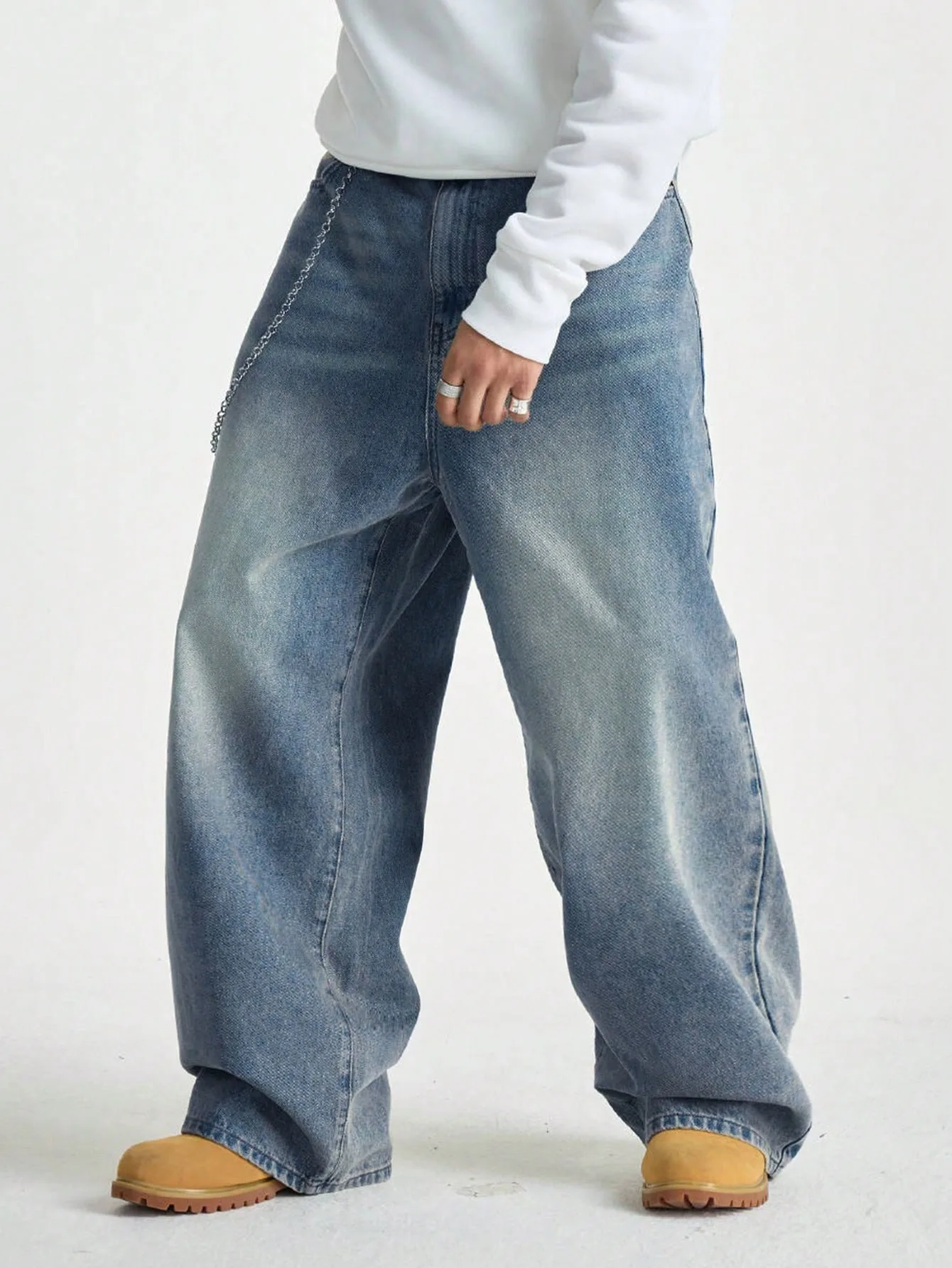 1Pc 남성용 와이드 팬츠 브러시드 청바지 와이드 청바지 Y2K New Rocks Jeans 버기 블랙 힙합 바지