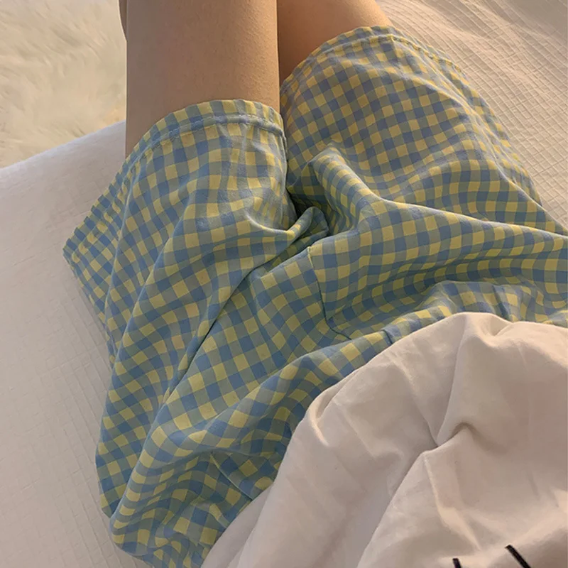 여름 느슨한 반바지 얇은 잠옷 코튼 여성 반바지 여성 바지 부드러운 바지 격자 무늬 인쇄 Spwear 바지 여성 파자마 바지