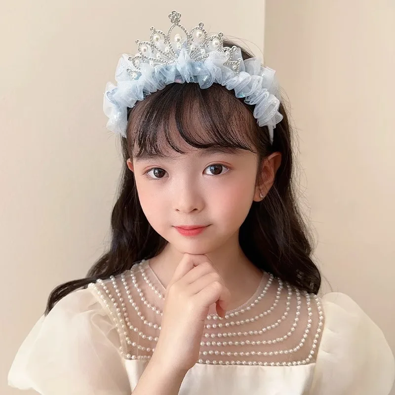 공주 기질, 왕관 머리 장식, 어린 소녀의 메쉬, 리본, 진주 머리띠, 주름 레이스, 자수 머리띠, 머리핀