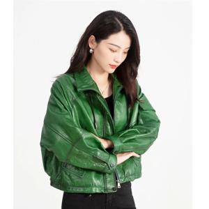 여성용 오일 왁스 양가죽 코트, 루즈 슬림 오토바이 지퍼 짧은 가죽 재킷, 그린, 블루, 레드, 블랙 패션, 2024 겨울