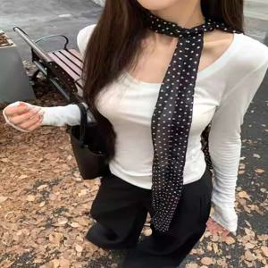 2025 신상 블랙 화이트 물방울 무늬 스카프 여성용 다용도 장미꽃 넥타이 롱 드레이핑 실크 리본 넥 장식