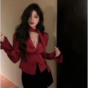 여성용 레드 세트 칼라 긴팔 셔츠, 프렌치 스타일 허리 조임 슬림핏 캐주얼 셔츠, 독특하고 시크한 리본 탑