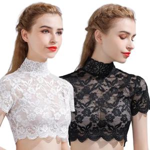 T5UF 여성 Turtleneck 분리 가능한 칼라 우아한 꽃 레이스 짧은 소매 반 블라우스 셔츠 풀오버 라이닝 Dickey Crop Top