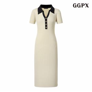 정상가:89,000원 ㅣ 카라넥 버튼 롱 반팔 니트 원피스 (GPBOW066D)
