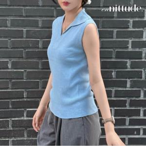 [최초가69,900원] 25ss 슬리브리스 린넨 카라 니트_스카이블루