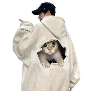 아메리칸 트렌디표 취미 고양이 날염 후드 후드 남녀 가을 겨울 신상 루즈한 커플 기모 외투