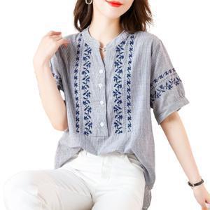 여자 여름 스트라이프 면 블라우스 반오픈 여름 자수 티셔츠