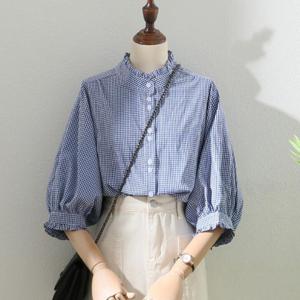 봄 긴 소매 셔츠 여성 캐주얼 패션 헐렁헐렁 큰 사이즈 체크 셔츠 여성 꽃잎 셔츠 여성 고급 셔츠