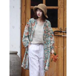 2025 초가을 신상 플라워 프린트 중장기 셔츠 - 오버핏/면·린넨 혼방/여성용 루즈 스타일 프리미엄 면마