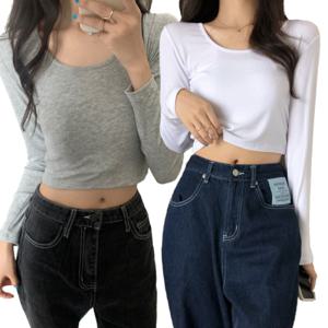 U넥 크롭 여성 긴팔티셔츠 슬림 면 폴리 무지 봄 기본티 WMSLV15