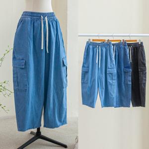 여성 배기 청바지 여름 카고 포켓 건빵 8부 빅사이즈 스판 와이드 연청 흑청 중청